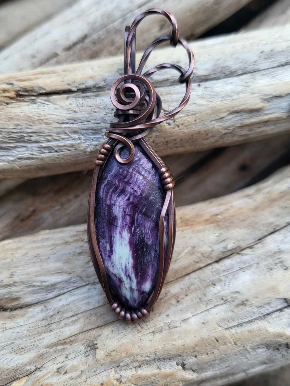 Handcrafted  Copper Wire Wrapped Pendant Featuring Kammererite Cabochon